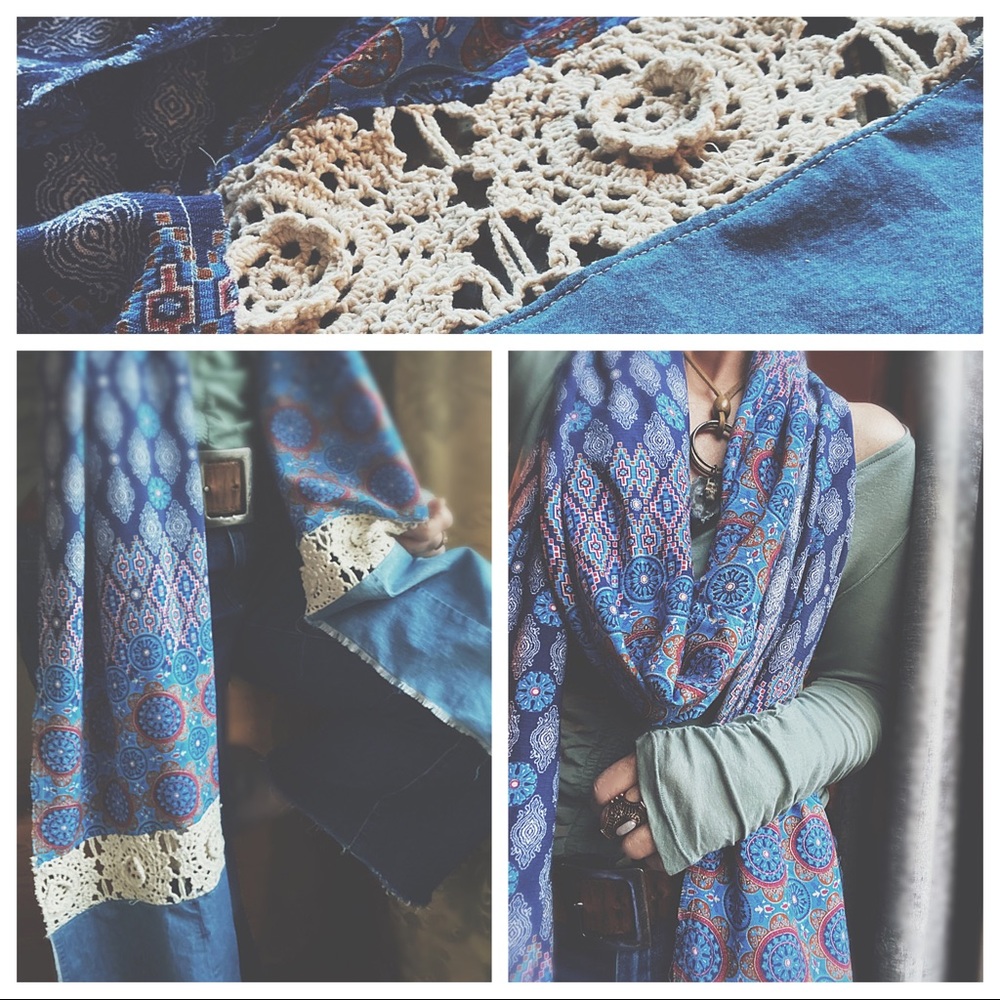 OOAK Artisan Denim Flair Raw Hem Wrap - 134” Long Aztec Medallion Scarf - Picture 2 of 16